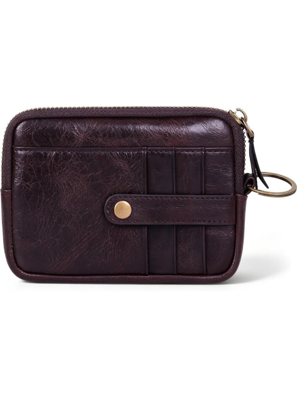 Compact Genuine Leather Wallet for Women, Small Zipper Coin Pocket, Key Ring